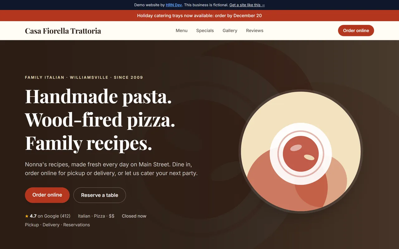 Screenshot of the Casa Fiorella Trattoria demo website
