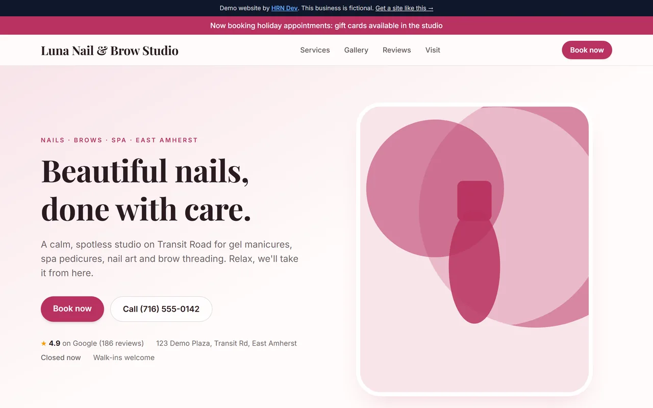 Screenshot of the Luna Nail & Brow Studio demo website